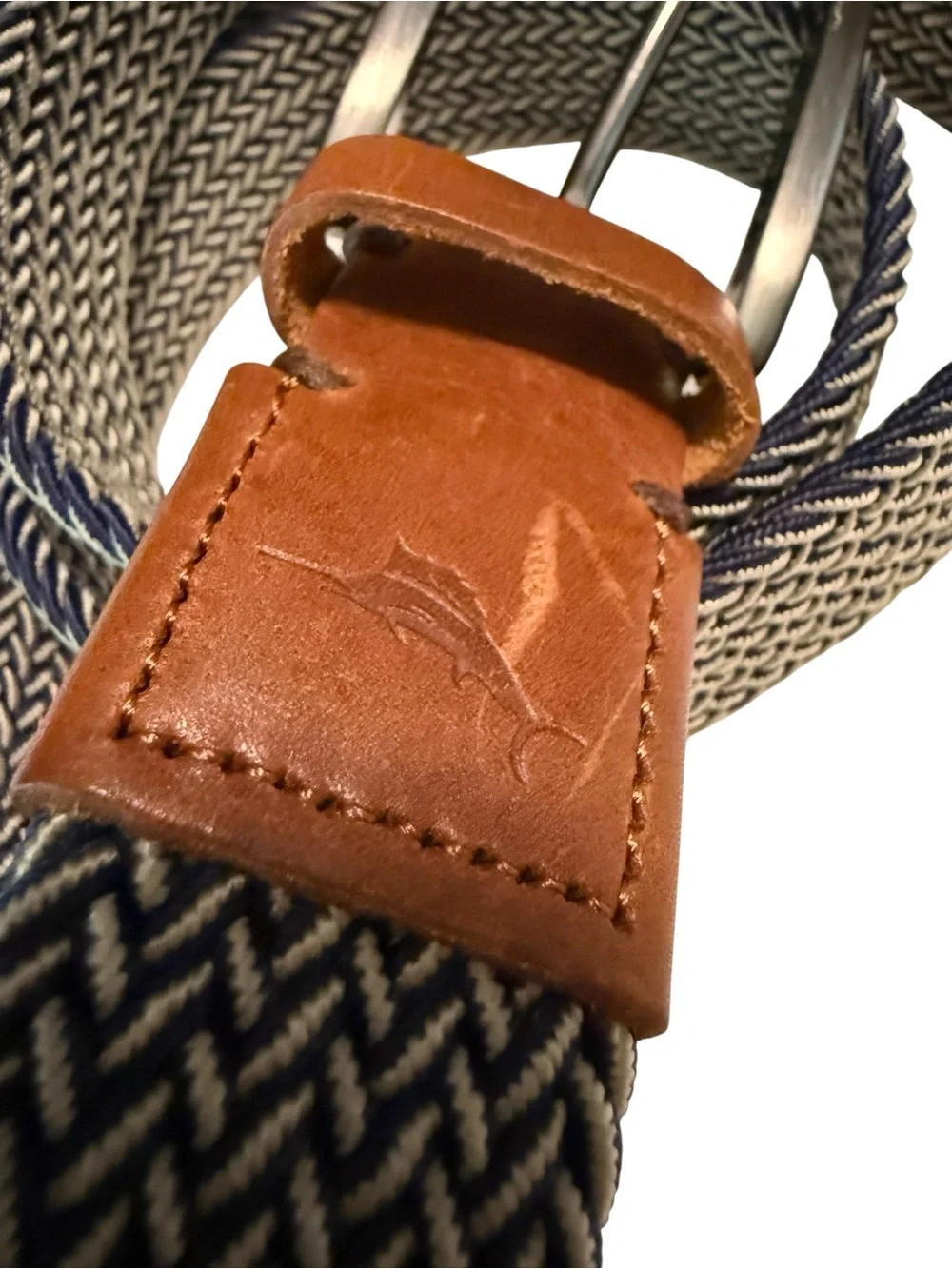 Tommy Bahama Men’s Woven Braided Webbed Nautical Navy Blue Belt Brown Leather